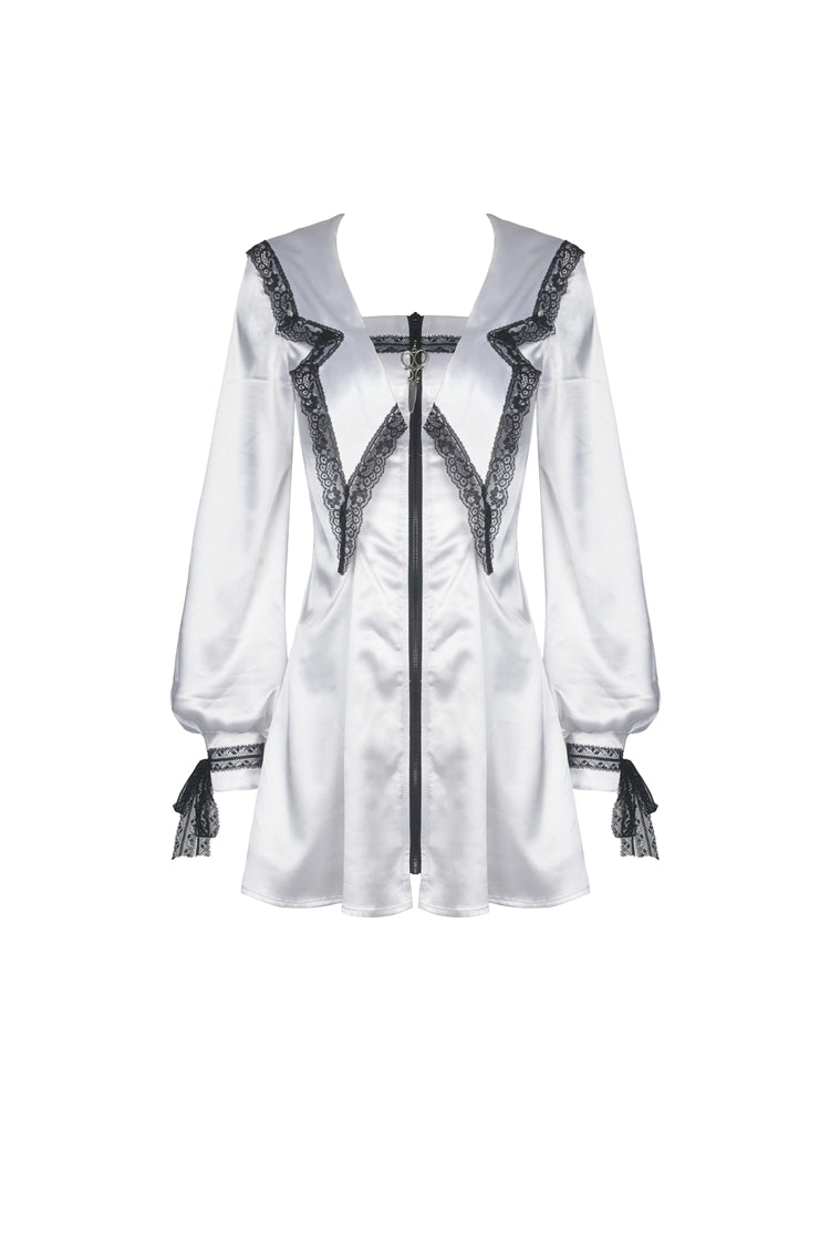 White Lapel Collar Long Sleeves Lace Lace-Up Zippered Women's Asceticism Dark JK Dress - Product - 3
