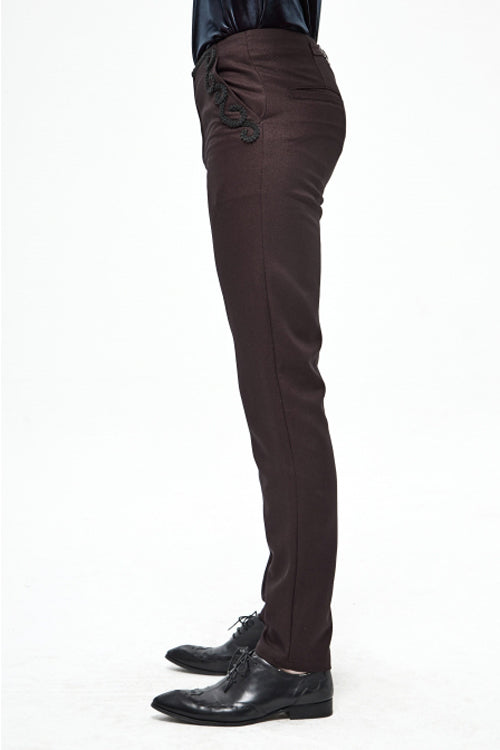 Brown Twill Suit Material Side Pocket Floral Shaped Webbing Gothic Mens Pants - Product - 3