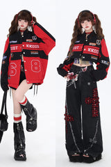 [Biker Girl] Long Sleeves Print Embroidery Zipper Detachable Jirai Kei Coat 3 Colors - Black/Red - 1