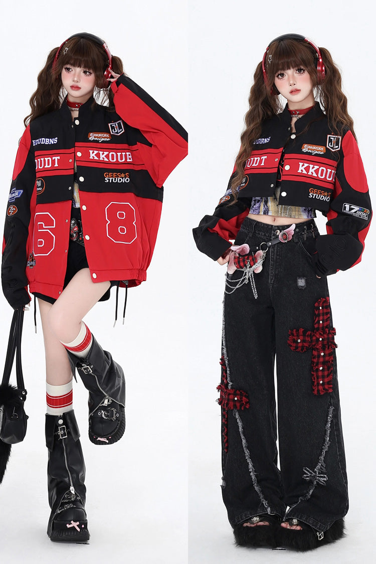 [Biker Girl] Long Sleeves Print Embroidery Zipper Detachable Jirai Kei Coat 3 Colors - Black/Red - 1