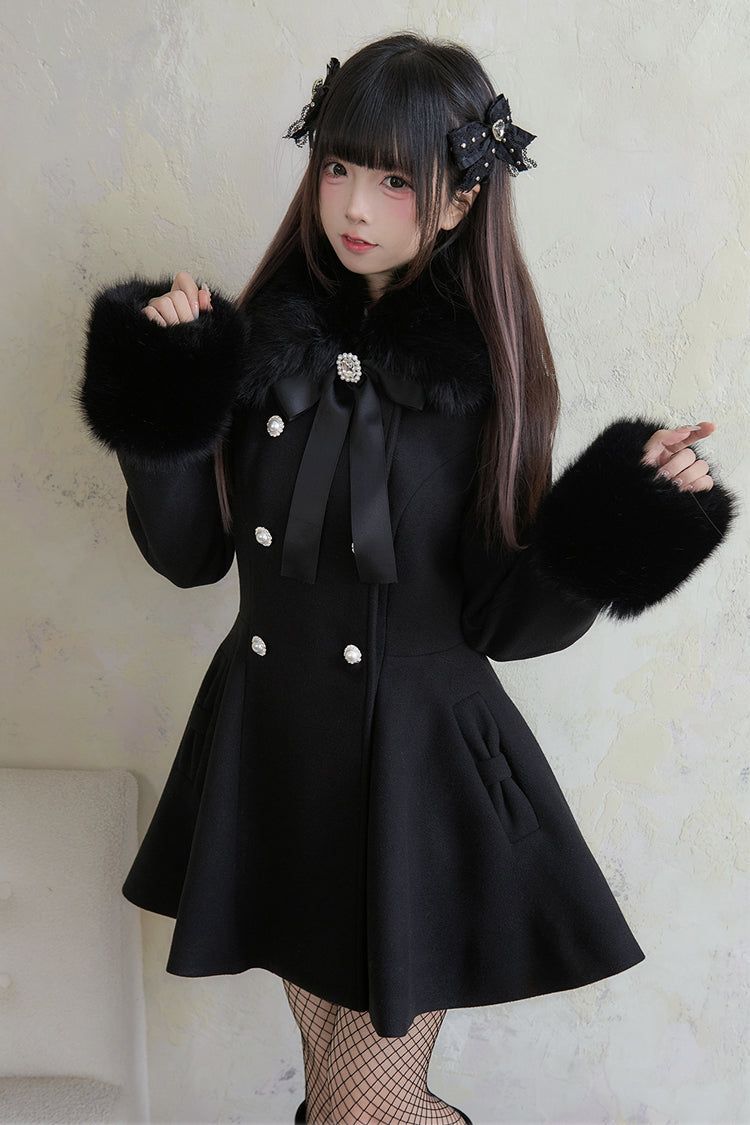 Black Double-Breasted Long Sleeves Bowknot Japanese Sweet Lolita Coat - Black - 1