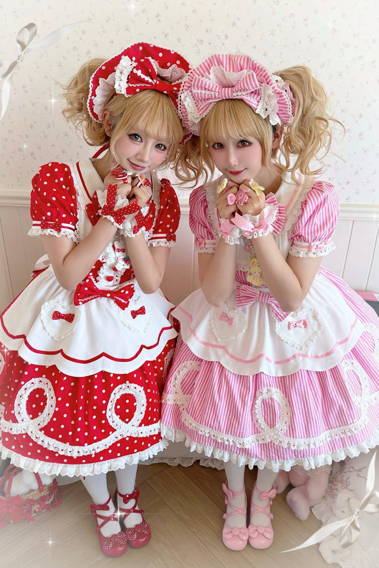 [A Day as a Candy Shop Owner] Peter Pan Collar Short Sleeves Printed Bow Sweet Lolita Dress 3 Colors (Red, Blue, Pink) - Product - 12