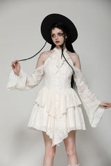 Beige Halter Off Shoulder Lapel Collar Long Flare Sleeves Lace-Up Women's Steampunk Dress - Beige - 1