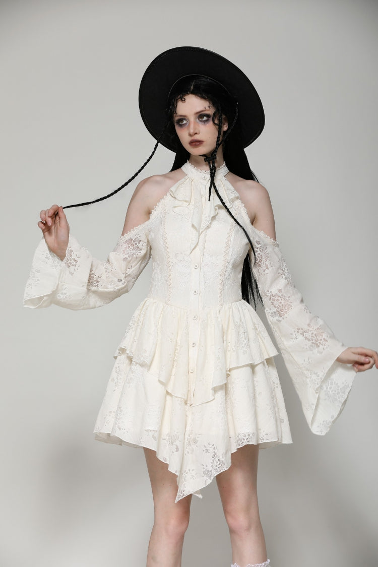 Beige Halter Off Shoulder Lapel Collar Long Flare Sleeves Lace-Up Women's Steampunk Dress - Beige - 1
