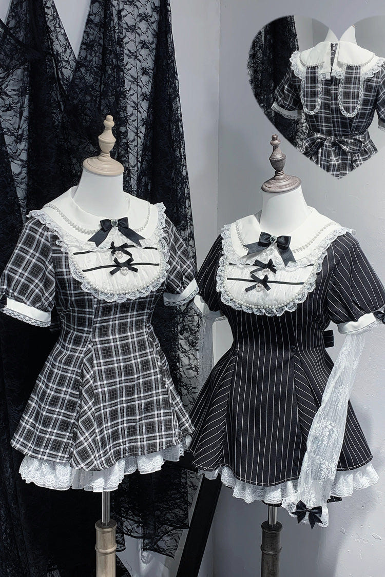 [Moonlight Whispers] Jirai Kei Rabbit Ears Doll Collar Short Sleeves Printed Ruffled Bow Lace Gothic Japanese Dress Shorts Set 2 Colors - Black-Plaid-Print - 1