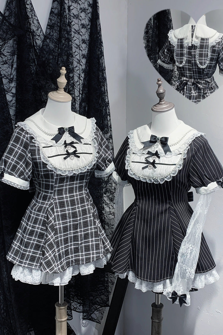 [Moonlight Whispers] Jirai Kei Rabbit Ears Doll Collar Short Sleeves Printed Ruffled Bow Lace Gothic Japanese Dress Shorts Set 2 Colors - Black-Plaid-Print - 1