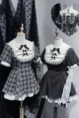 [Moonlight Whispers] Jirai Kei Rabbit Ears Doll Collar Short Sleeves Printed Ruffled Bow Lace Gothic Japanese Dress Shorts Set 2 Colors - Black-Plaid-Print - 1