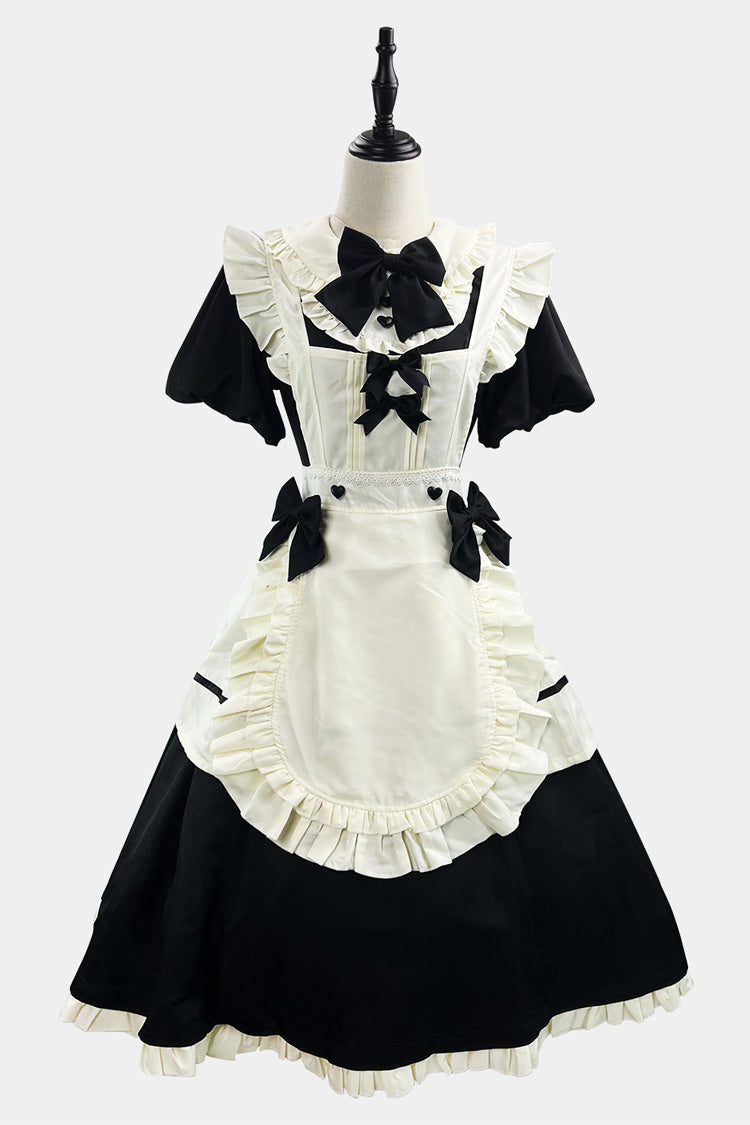 Black/White Short Sleeves Ruffle Bowknot Lace Plus Size Sweet Maid Long Lolita Dress - Black/White - 1