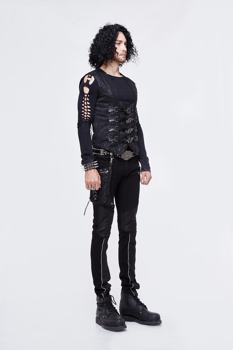 Black Jacquard Splice Heat Seal Backing Chest Loop Lace Up Men's Punk Waistcoat - Product - 6