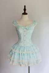 Sweet Square Collar Sleeveless Ruffled Embroidered Bow Lace Boned Lolita Dress 3 Colors (Pink, Green, Blue) - Green - 4