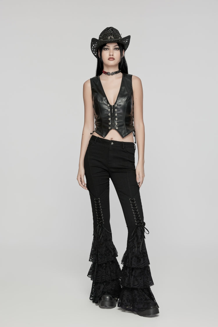 Black Lace-Up Slim Zippered Women's Punk Cool Faux Leather Vest - Black - 1