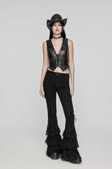 Black Lace-Up Slim Zippered Women's Punk Cool Faux Leather Vest - Black - 1
