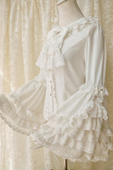 Long Trumpet Hime Sleeves Ruffle Bowknot Lace Sweet Gorgeous Lolita Blouse 2 Colors - White - 1