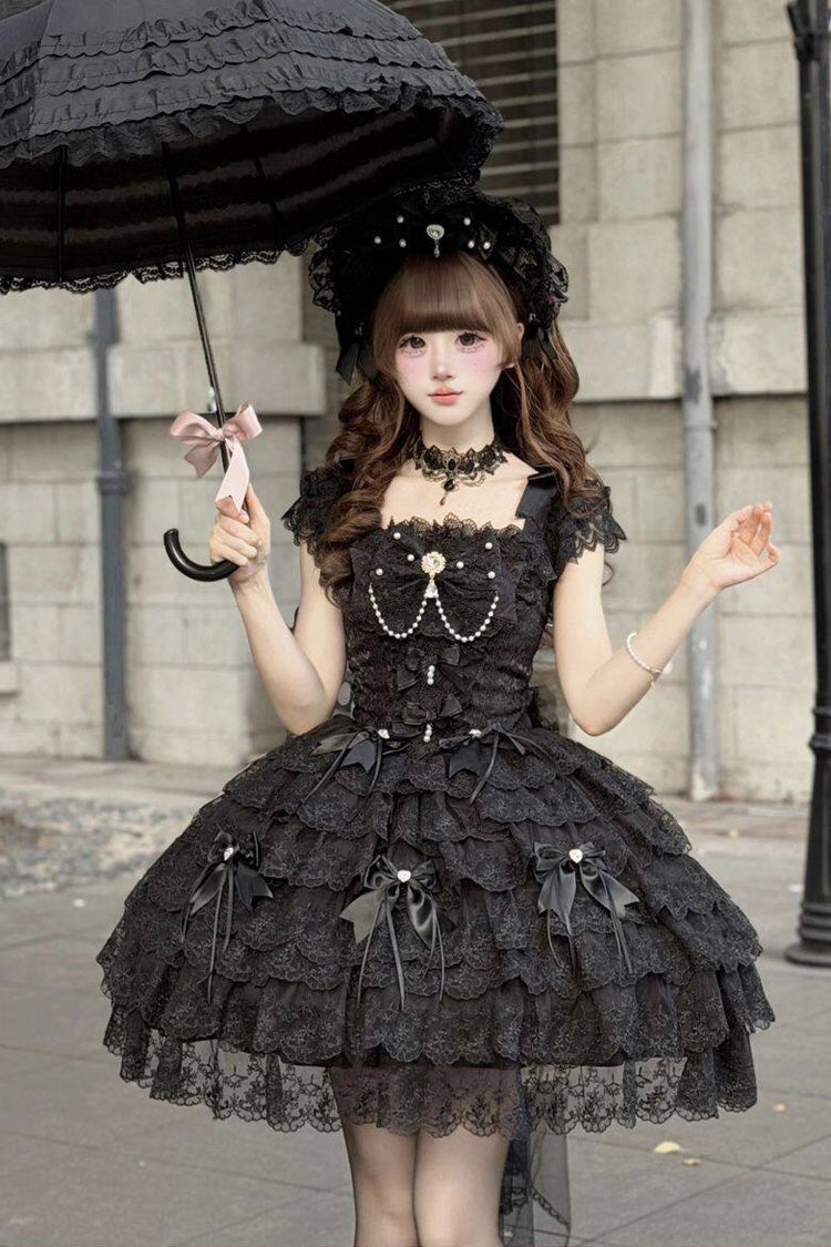 Black [Featherlight Slumber] Square Collar Sleeveless Multi-Layered Bow Lace Pearl-Decorated Gothic Lolita Jsk Dress - Product - 6