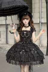Black [Featherlight Slumber] Square Collar Sleeveless Multi-Layered Bow Lace Pearl-Decorated Gothic Lolita Jsk Dress - Product - 6