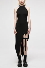 Black Off Shoulder Sleeveless Jacquard Lace Slim Irregular Women's Punk Dress - Black - 1