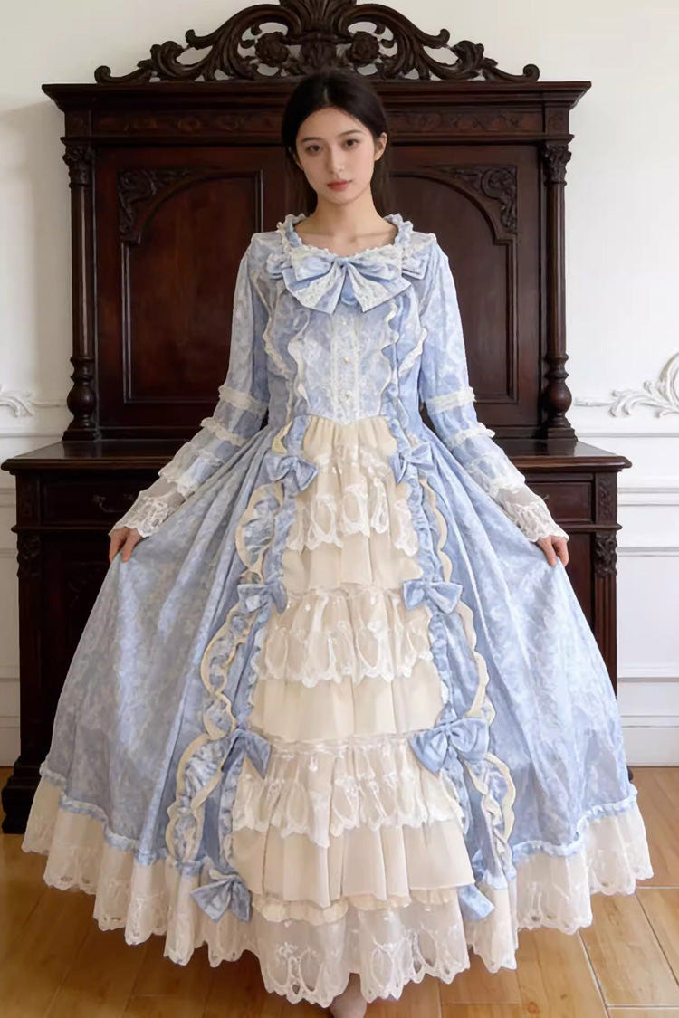 Sweet Plus Size Long Sleeves Triple-Layered Ruffled Open-Front Bow Lace Princess Lolita Victorian Dress - Product - 3