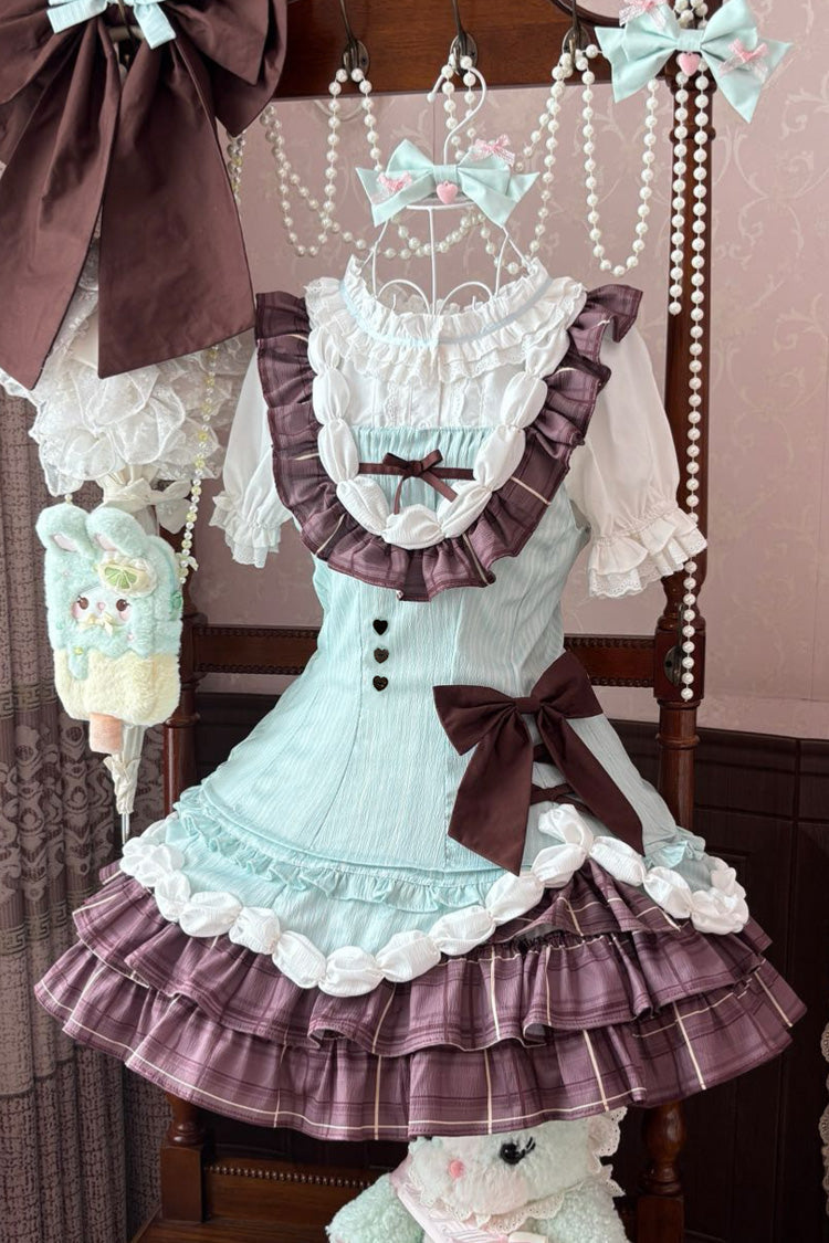 Green/Brown [Creamy Thin Chocolate] Sleeveless Multi-Layered Printed Ruffled Bow Asymmetric Sweet Lolita Jsk Dress - Product - 3