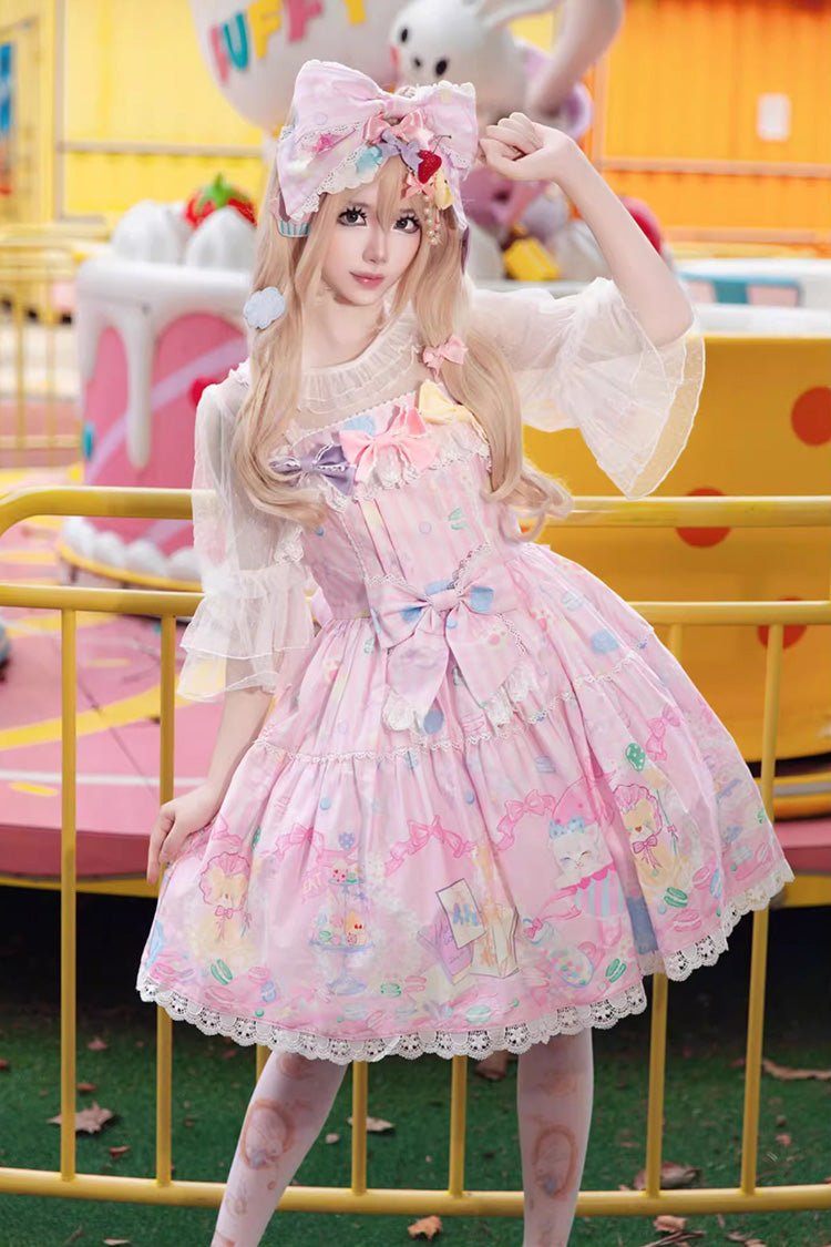 Pink [Macaron Dolly House] Sleeveless Print Bowknot Sweet Lolita Jsk Dress - Pink - 1