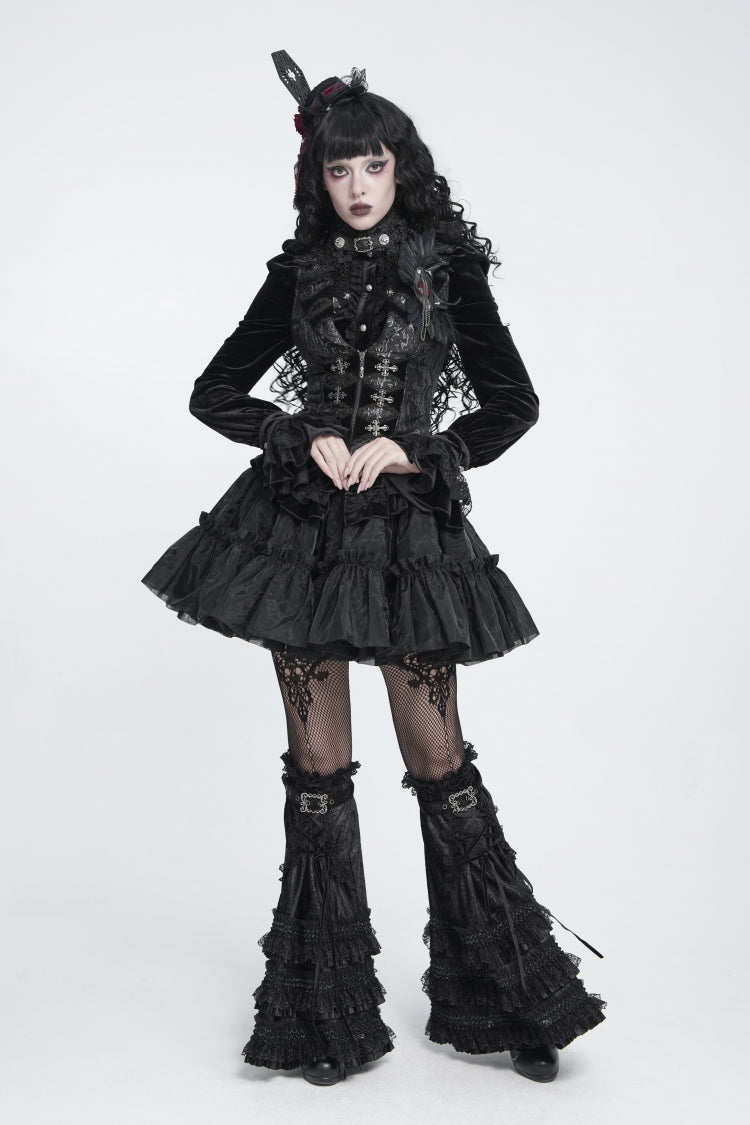 Black Multi-Layered Lace Lace-Up Buckled Pleated Women's Gothic Luxurious Royal  Leg Warmers - Product - 7