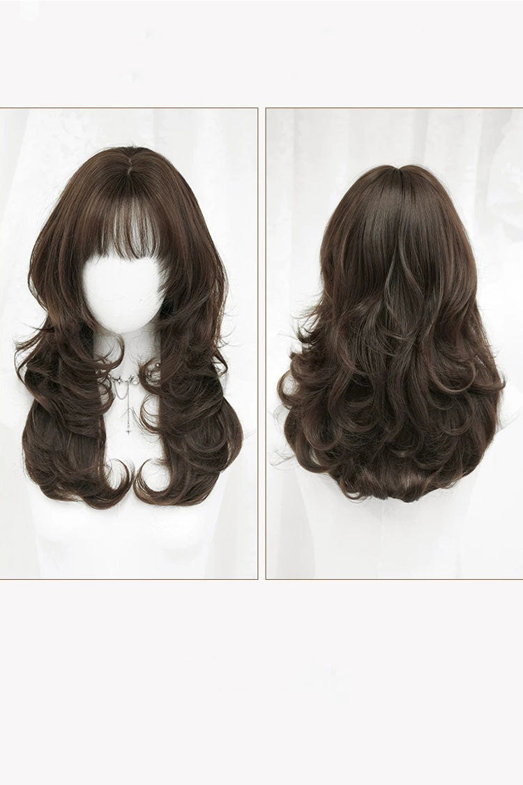 Black Brown Full Air Bangs Multi-Layered Sweet Daily Lolita Length Wig - Product - 7