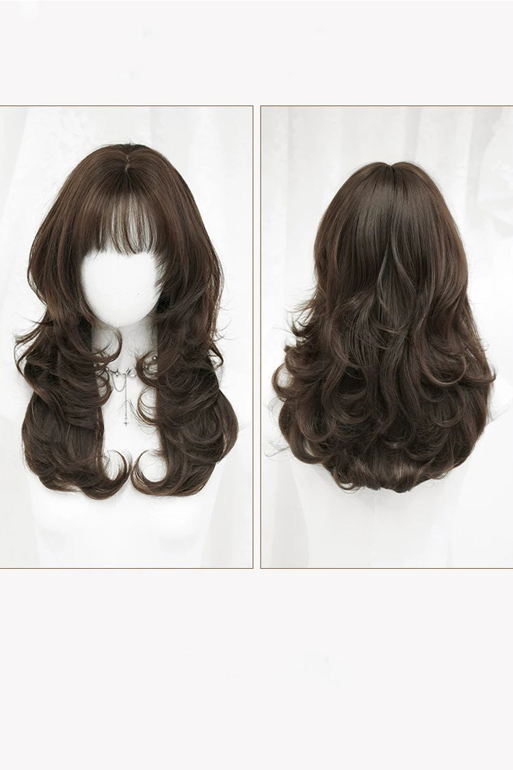 Black Brown Full Air Bangs Multi-Layered Sweet Daily Lolita Length Wig - Product - 7