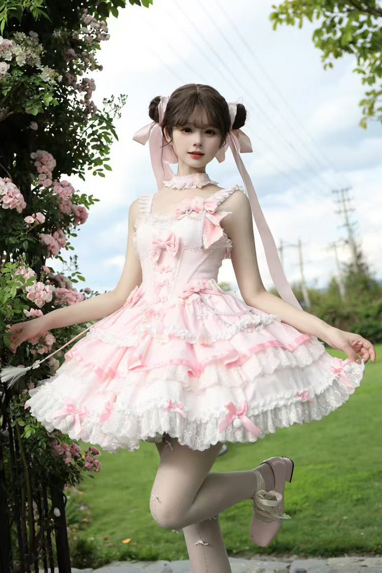 Pink [Prelude of Spring Cherry] Square Collar Sleeveless Multi-Layered Jacquard Ruffled Bow Lace Pearl-Decorated Sweet Lolita Jsk Dress - Product - 9