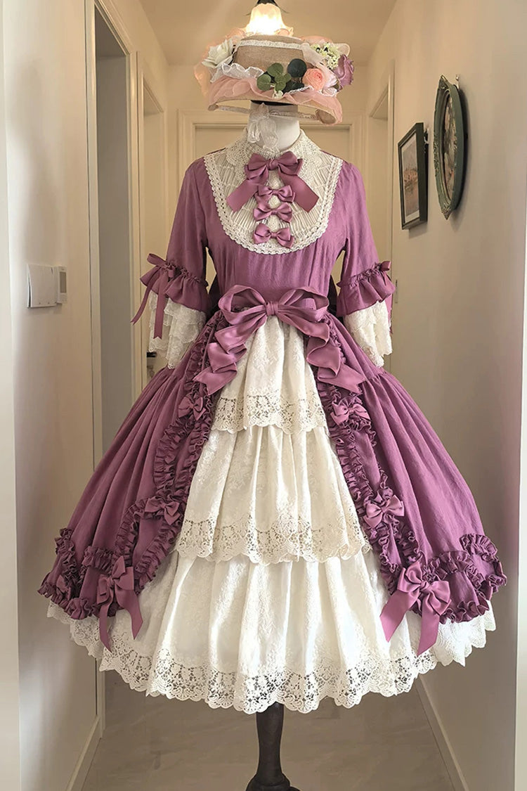 Plum Red [Lilica Garden] Lapel Collar Short Trumpet Sleeves Ruffled Open-Front Bow Lace Sweet Elegant Luxurious Lolita Dress - Product - 3