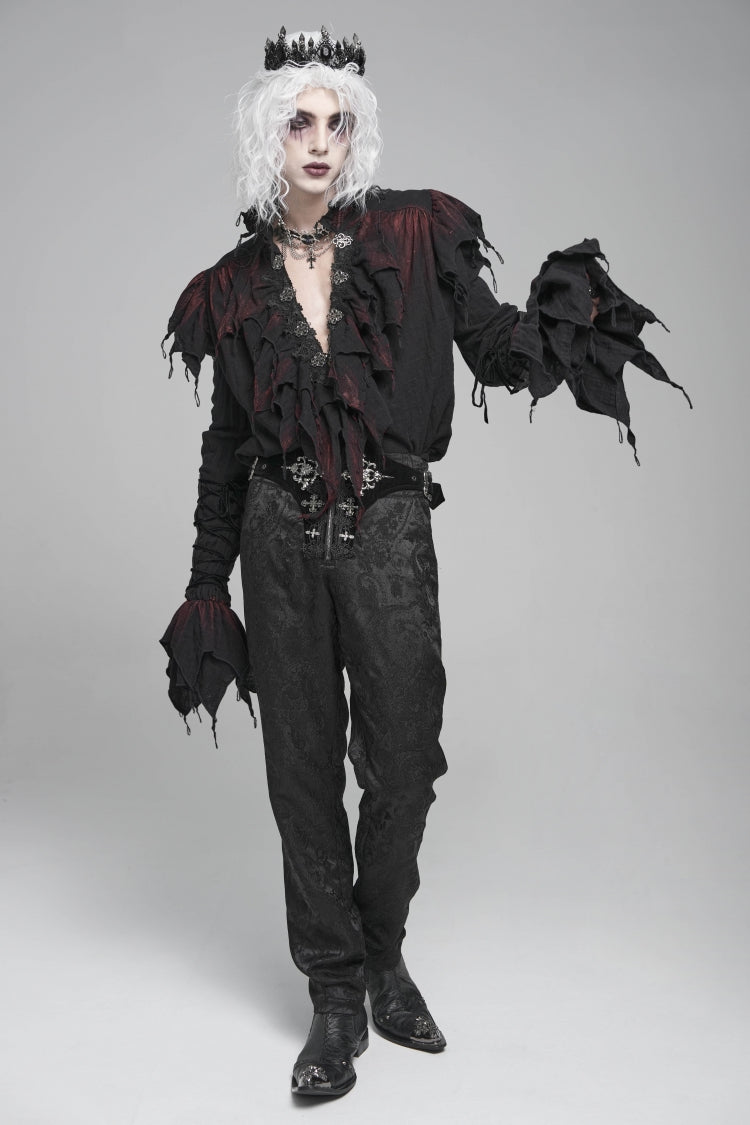 Black/Red Stand Collar Long Sleeves Ruffled Men's Gothic Plunging Shirt - Product - 9