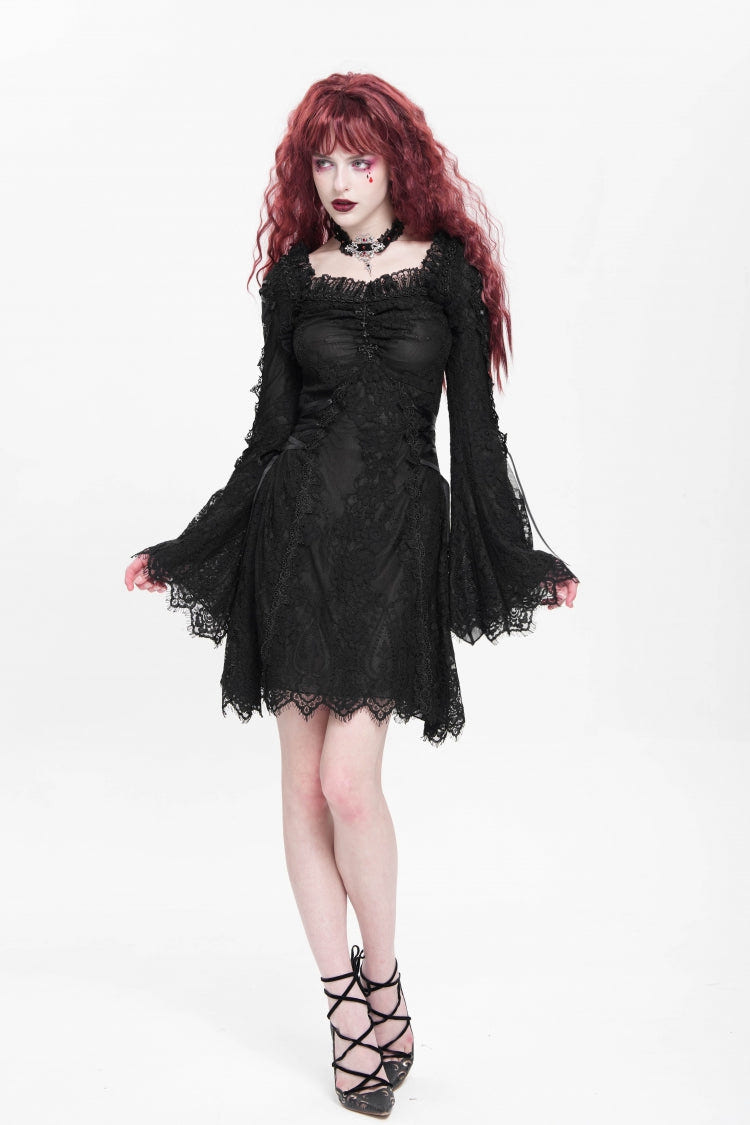 Black Square Collar Long Trumpet Sleeves Embroidered Lace-Up Women's Gothic Dress - Product - 10