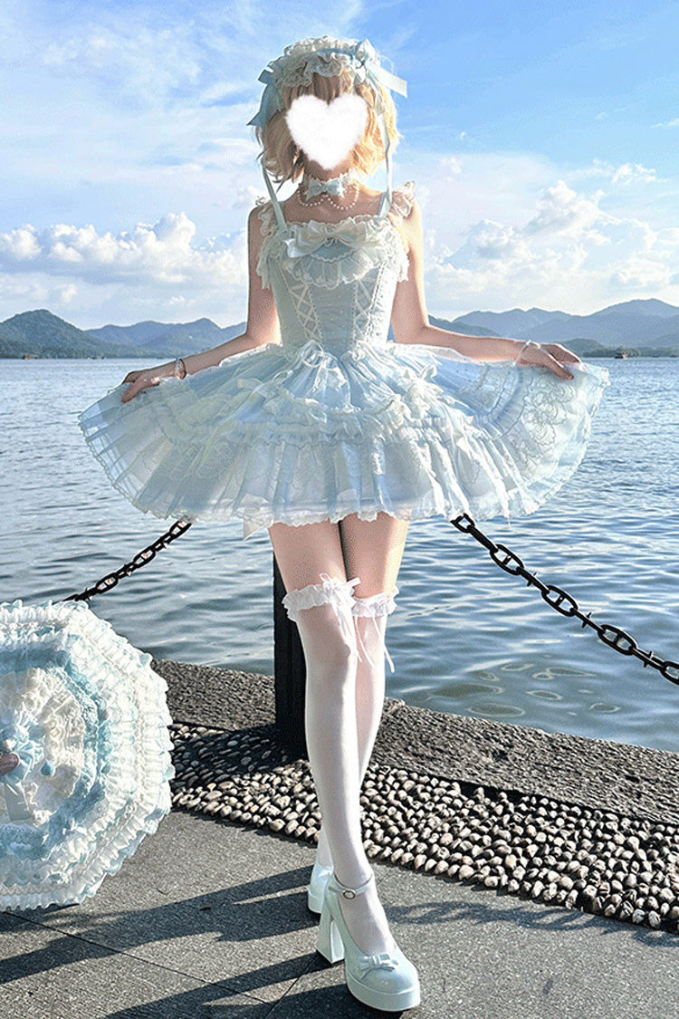 Blue [Candy House] Sleeveless Ruffle Bowknot Lace Lace-Up Sweet Lolita Jsk Dress - Product - 7