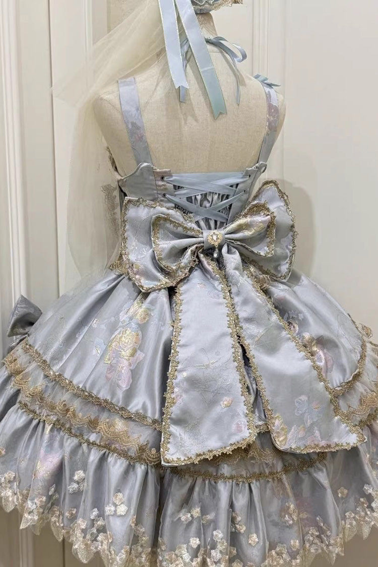 Sweet Sleeveless Ruffled Foil-Stamped Embroidered Open-Front Bow Lace Gorgeous Lolita Jsk Dress 4 Colors - Product - 9