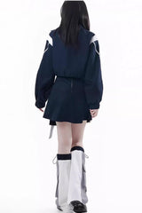 Blue/White [Message Overload] Techwear Long Sleeves Embroidered Asymmetric Zippered Jirai Kei Dress Short Coat Set - Product - 2