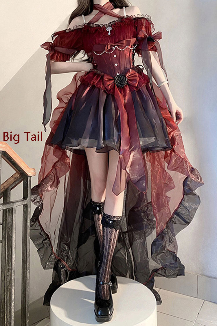 Wine Red Midsummer Dream Short Sleeves Ruffle Hanayome Off-The-Shoulder Gothic Short Lolita Dress - Product - 4