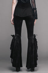 Black Gothic Lace Hem Embossed Velvet Flare Womens Pants - Product - 7