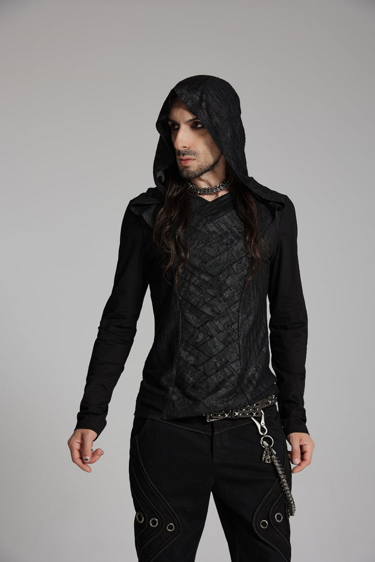 Black V Collar Long Sleeves Hooded Overlaping Mesh Men's Punk T-Shirt - Product - 3
