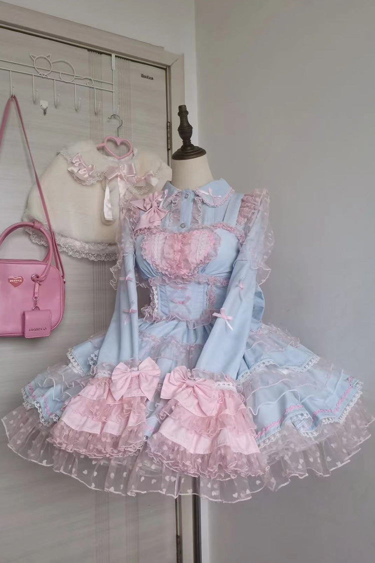 Blue/Pink Pray Multi-Layered Ruffle Lace Sweet Princess Lolita Jsk Dress - Blue/Pink - 1