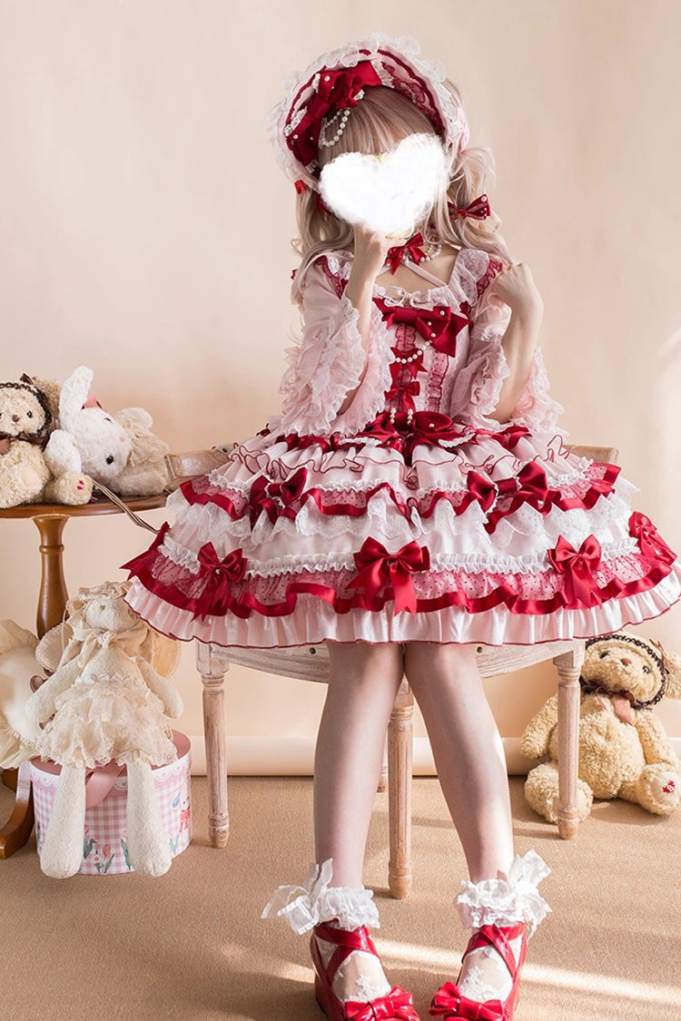 Red [Ribbon Berries] Sleeveless Multi-Layered Ruffle Bowknot Lace Sweet Lolita Jsk Dress - Product - 7