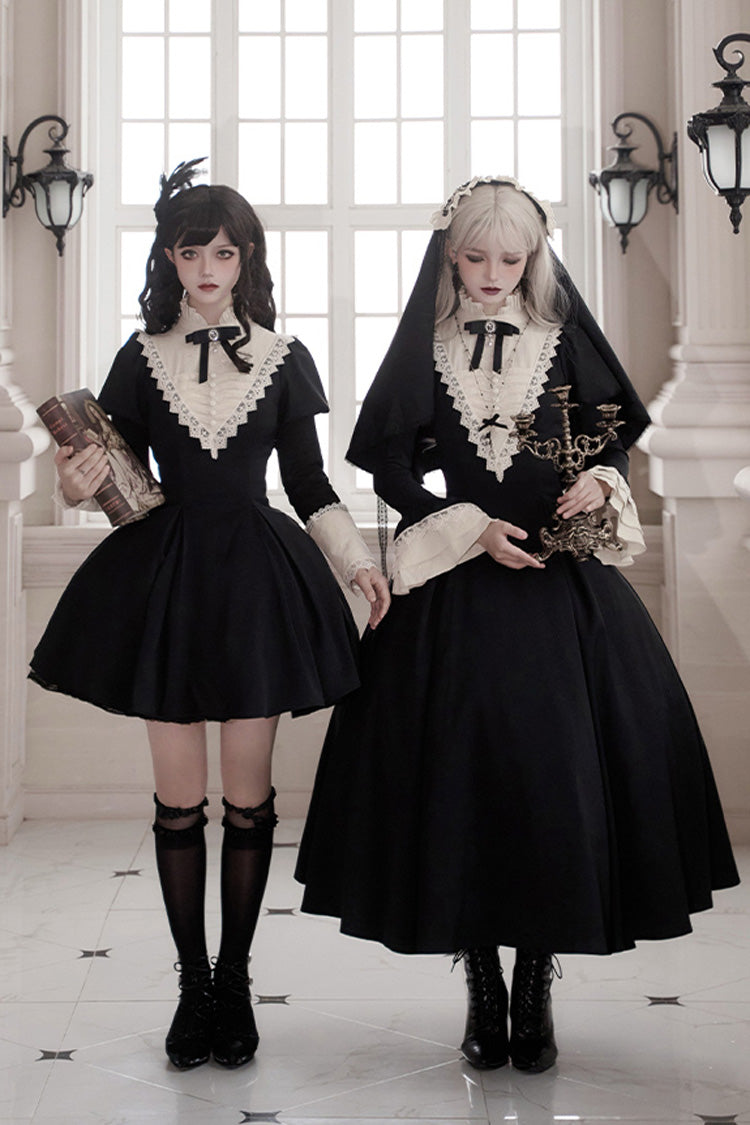 Black [Letters and Poems·Nocturne] Nun Long Sleeves Ruffle Gothic Lolita Short Dress - Product - 12