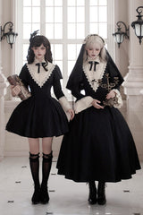 Black [Letters and Poems·Nocturne] Nun Long Sleeves Ruffle Gothic Lolita Short Dress - Product - 12