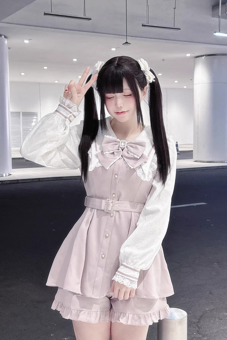 [Confession Fantasy] Lapel Collar Long Sleeves Printed Ruffled Bow Jirai Kei Japanese Dress Shorts 4 Colors - Grey/Pink - 3