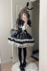 Black [Pilgrimage Rabbit] Round Collar Short Sleeves Triple-Layered Striped Printed Ruffled Bow Lace-Up Gothic Lolita Dress - Product - 3