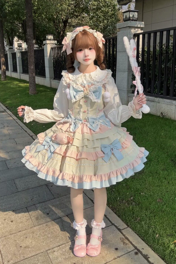 Blue/Pink/Ivory [Candied Pastry Crisp] Multi-Layered Ruffled Bow Sweet Lolita Jsk Dress - Blue/Pink/Ivory - 1