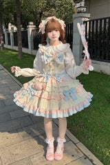 Blue/Pink/Ivory [Candied Pastry Crisp] Multi-Layered Ruffled Bow Sweet Lolita Jsk Dress - Blue/Pink/Ivory - 1