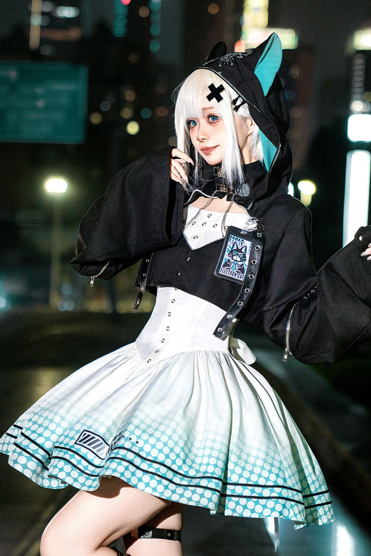 Black/White [Electronic Cat] Print Future Suit Gothic Cool Lolita Dress - Product - 3