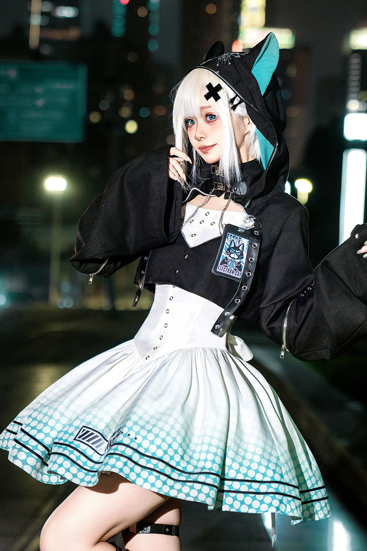 Black/White [Electronic Cat] Print Future Suit Gothic Cool Lolita Dress - Product - 3