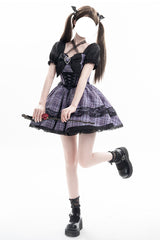 Purple [Witch Time] Short Puff Sleeves Plaid Print Bowknot Lace Sweet Lolita Dress - Product - 6