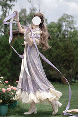 Purple [Oil Painting Sun and Moon Poem] Short Sleeves Print Ruffle Bowknot Sweet Princess Lolita Dress - Product - 13