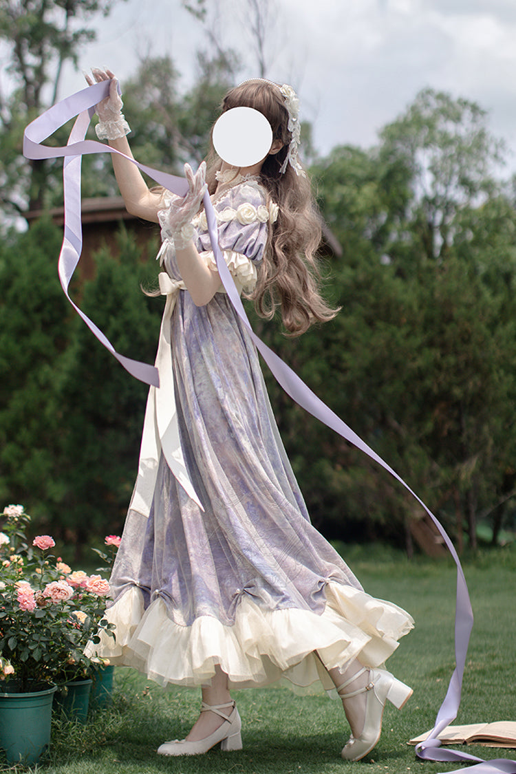 Purple [Oil Painting Sun and Moon Poem] Short Sleeves Print Ruffle Bowknot Sweet Princess Lolita Dress - Product - 13