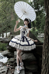 White/Blue [Mandarin Duck Rhapsody] Sleeveless Porcelain Printed Ruffled Bow Lace Chinese Style Sweet Lolita Jsk Dress - Product - 6